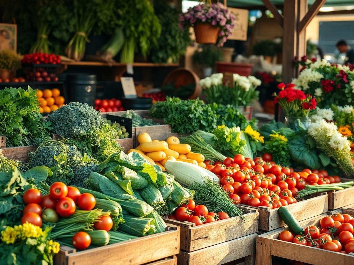 Colorful farmers market stall with fresh produce and hand-lettered signs