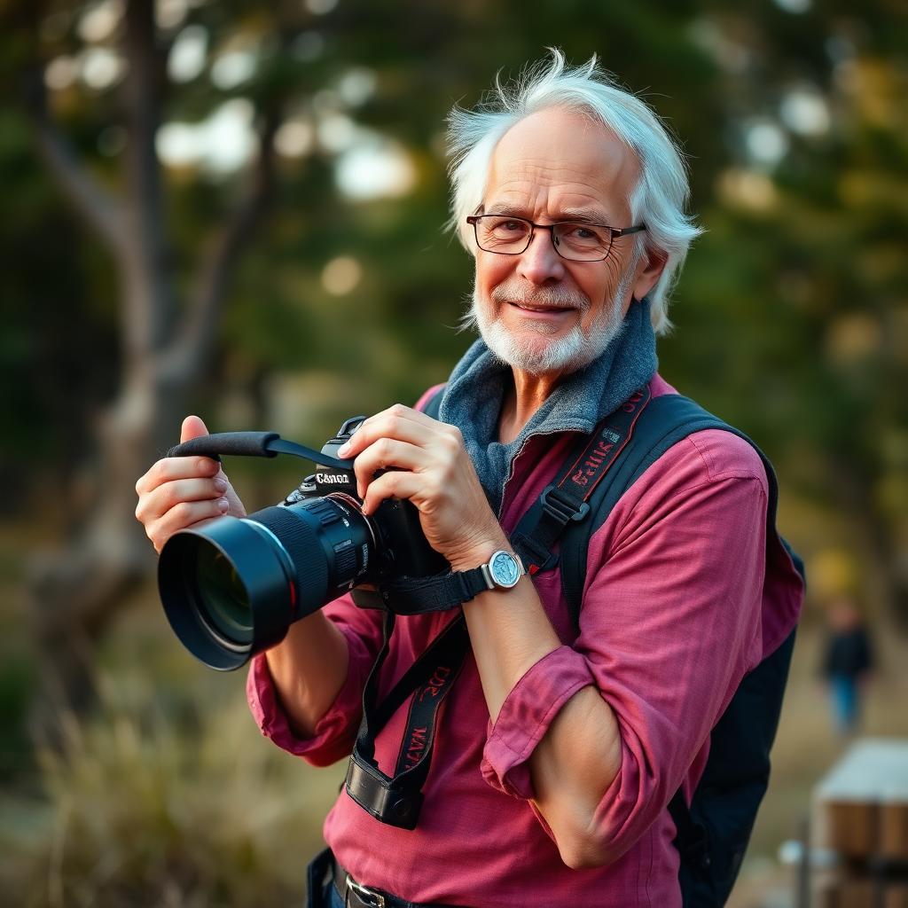 Photographer holding a DSLR camera during a portrait shoot outdoors