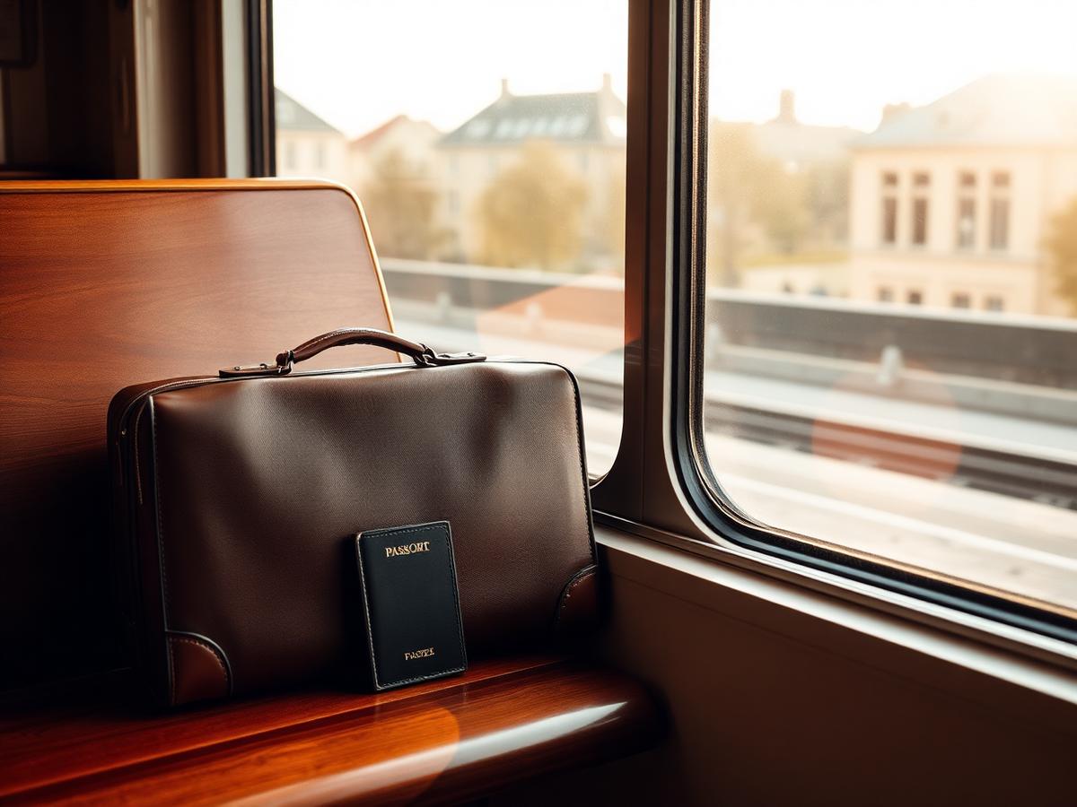 Compact carry-on suitcase and passport on a wooden table by a sunny window
