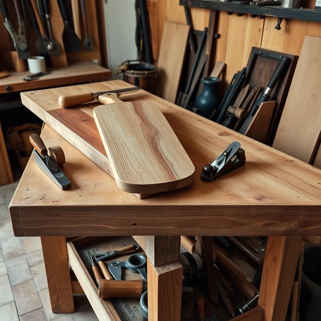 Woodworker's bench with hand-crafted cutting boards and hand tools ready for sale